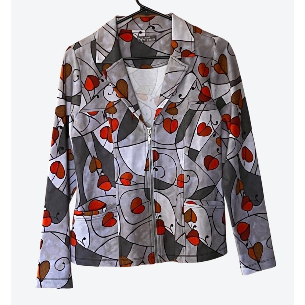 Art Simply By Dolcezza Small V-Neck Full Zip Jacket Gray Red Brown Geometric
